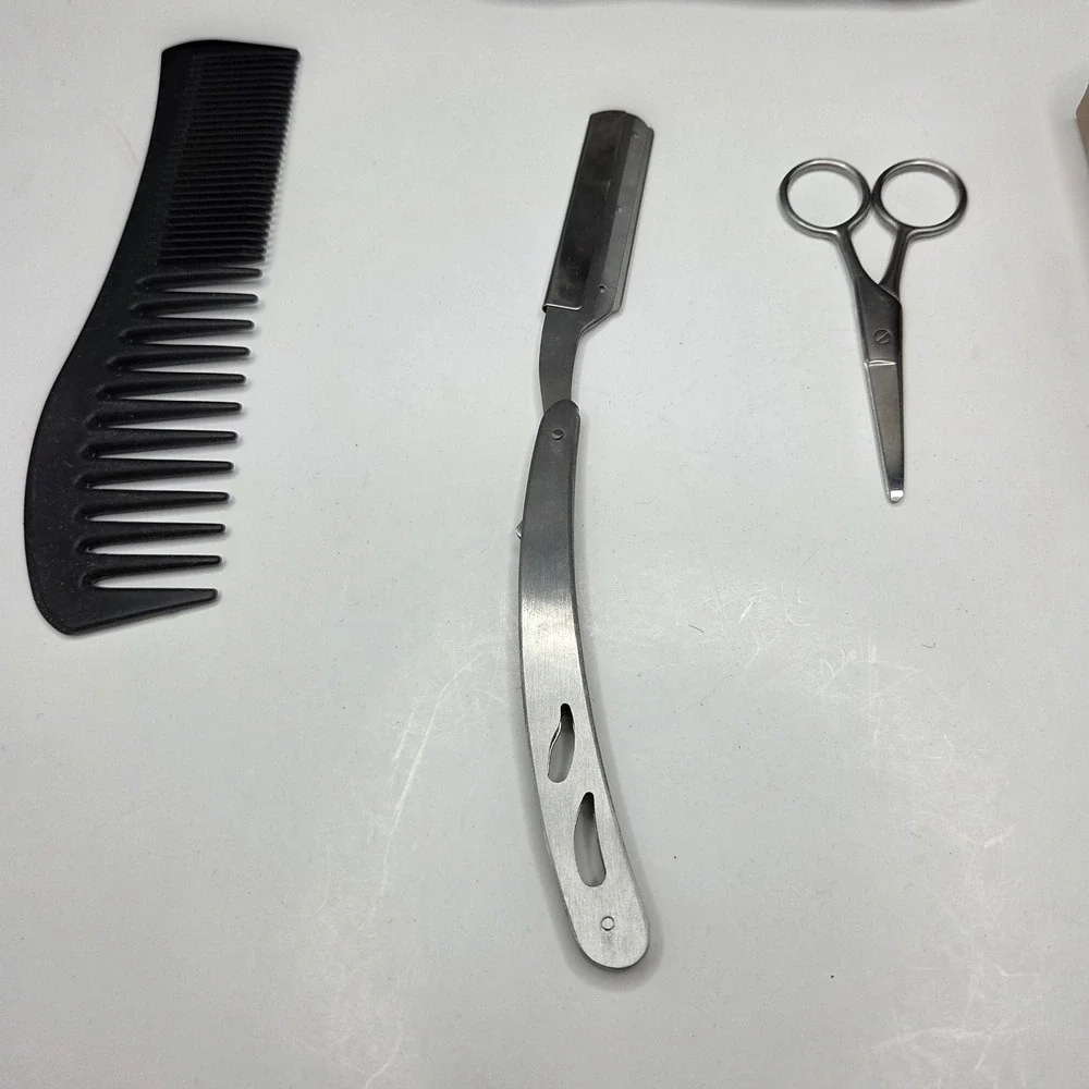 Beard Grooming Kit Straight Razor Scissors Brush Comb Set Silver Black
